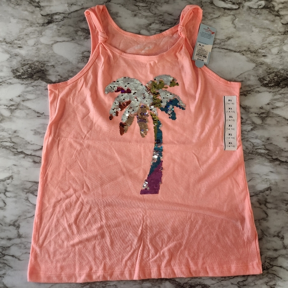 NWT Girls Peach Tank Top with Sequined Palm Tree Size 14/16 - Picture 5 of 8